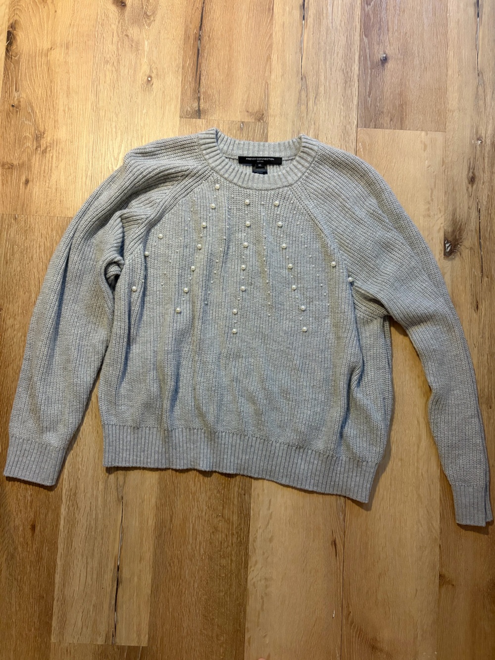 French Connection Light Gray Pearl-Embellished Crewneck Sweater